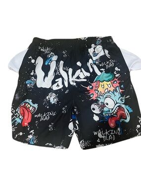 Source Unknown Black Graphic Cargo Shorts with Blue and Red Accents